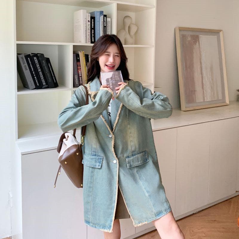 Blue Casual Denim Jacket for Women Mid-length Autumn New Korean Style Retro Loose Suit XL blue