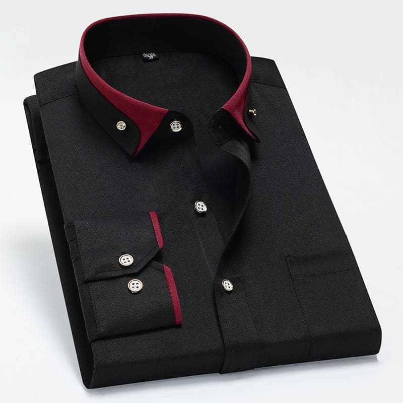 Spring Autumn Men's Contrast Collar Elastic Long Sleeve Shirt Business Leisure Comfortable Non Iron Shirt Youth Solid Color Top 42 black