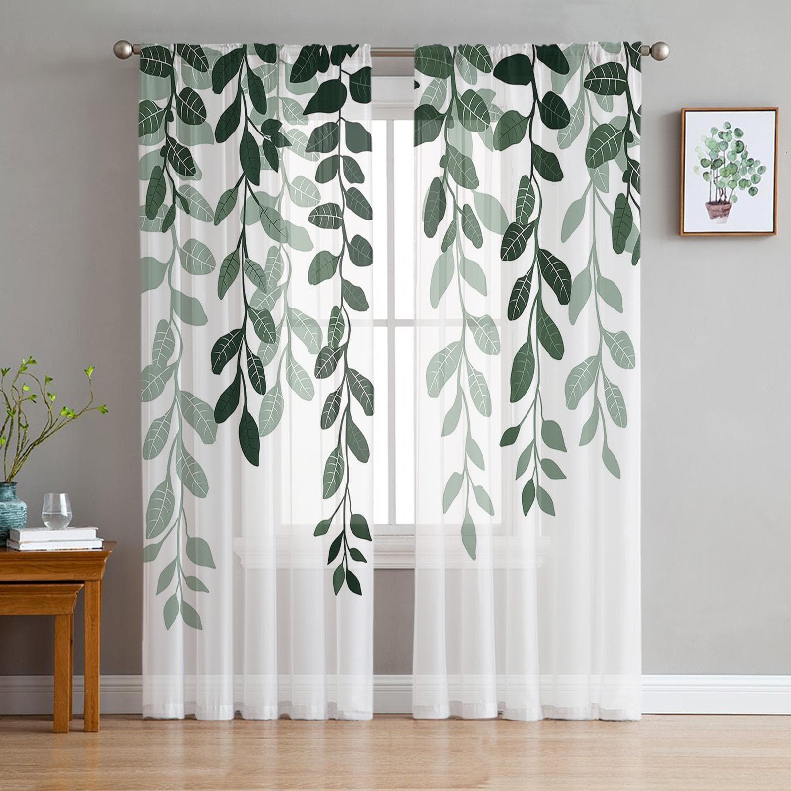 Leaf Plants Rural Green Bedroom Curtains Tulle Sheer Curtain Living Room Home Decor Voile Drapes 135W x 114H(cm)