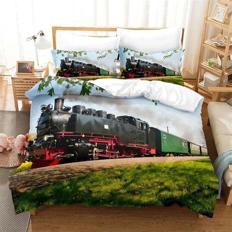 3D Train Steam Engine Bedding Set,Duvet Cover Comforter Bed Set Quilt Cover Pillowcase,King Queen Twin Size Boys Girls Adults 140x200cm 2pcs