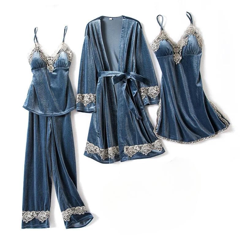 Burgundy Velvet 4PCS Pajamas Set Wedding Robe Nightgown Autumn Winter Female Sleepwear Sexy Lace Trim Pijamas Suit Home Wear 2XL