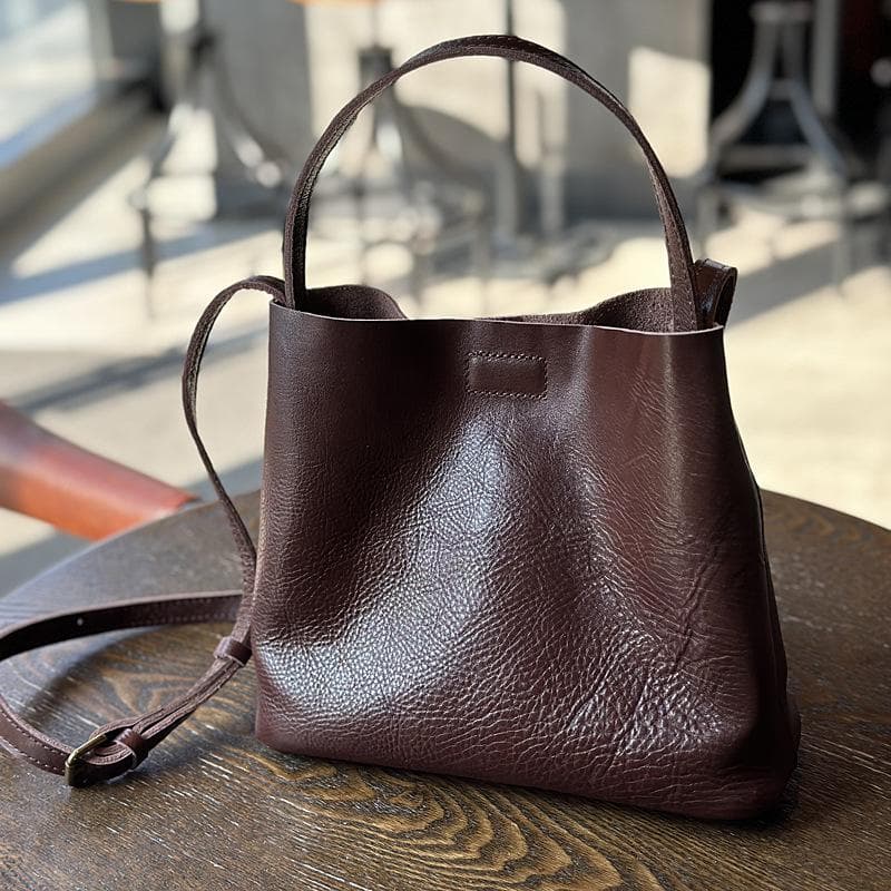 Johnature Genuine Leather Simple Bucket Shoulder Bags Vintage Large Capacity Cowhide Solid Color Women Handbag coffee