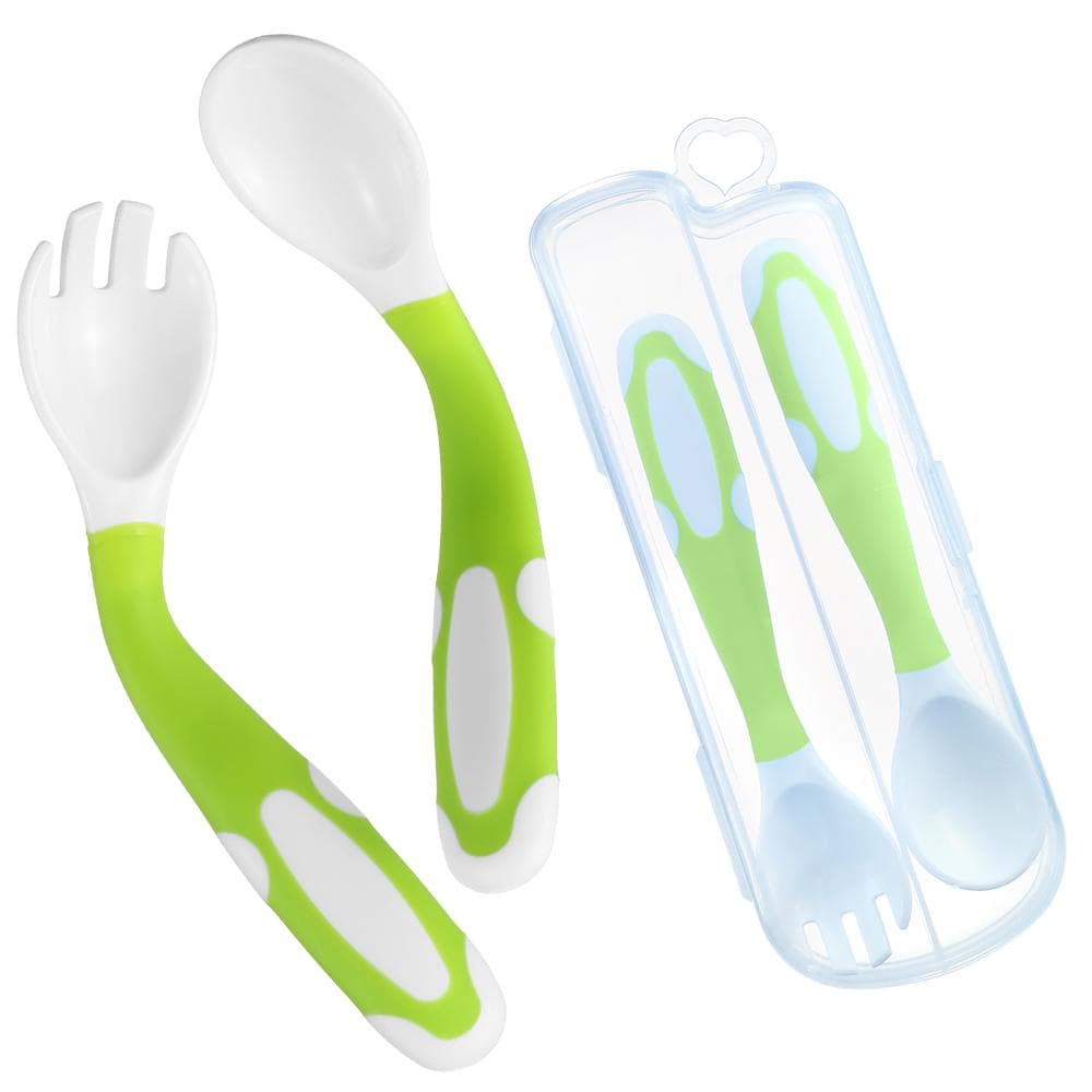 Baby Spoon and Fork Set Travel Case Bendable & Non-Slip Handle Baby Training Spoon with Storage Box green