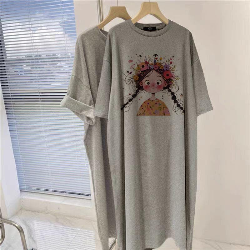 Large Size Women's Pure Cotton Short-sleeved T-shirt Dress, Summer Top, Fat Mm To Cover The Belly, Age Reduction and Thin Knee Dress 3XL