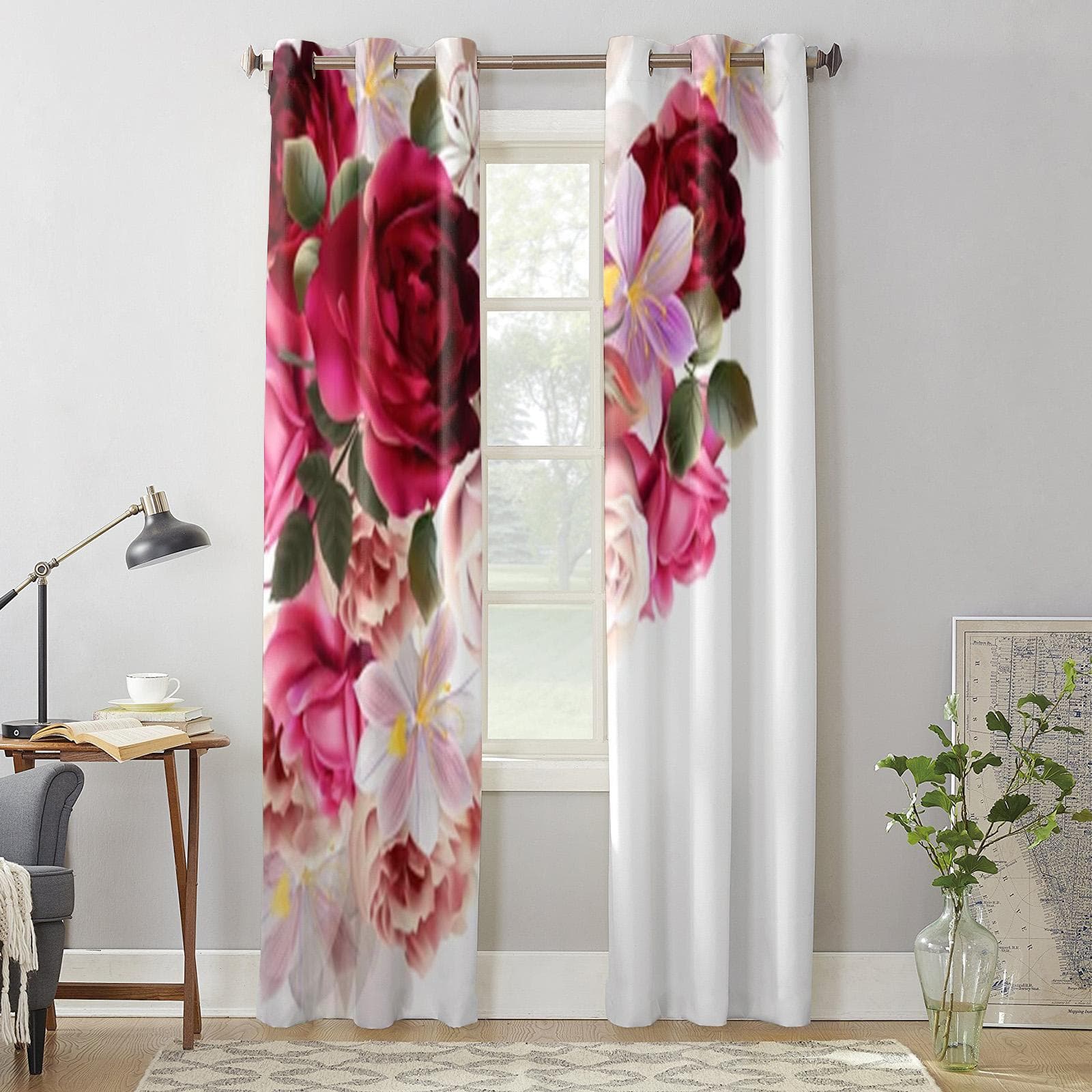 Beautiful Roses And Hyacinth Flowers Window Curtains For Living Room Luxury Bedroom Decor Drapes Kitchen Window Treatments 135W x 60H(cm) x1