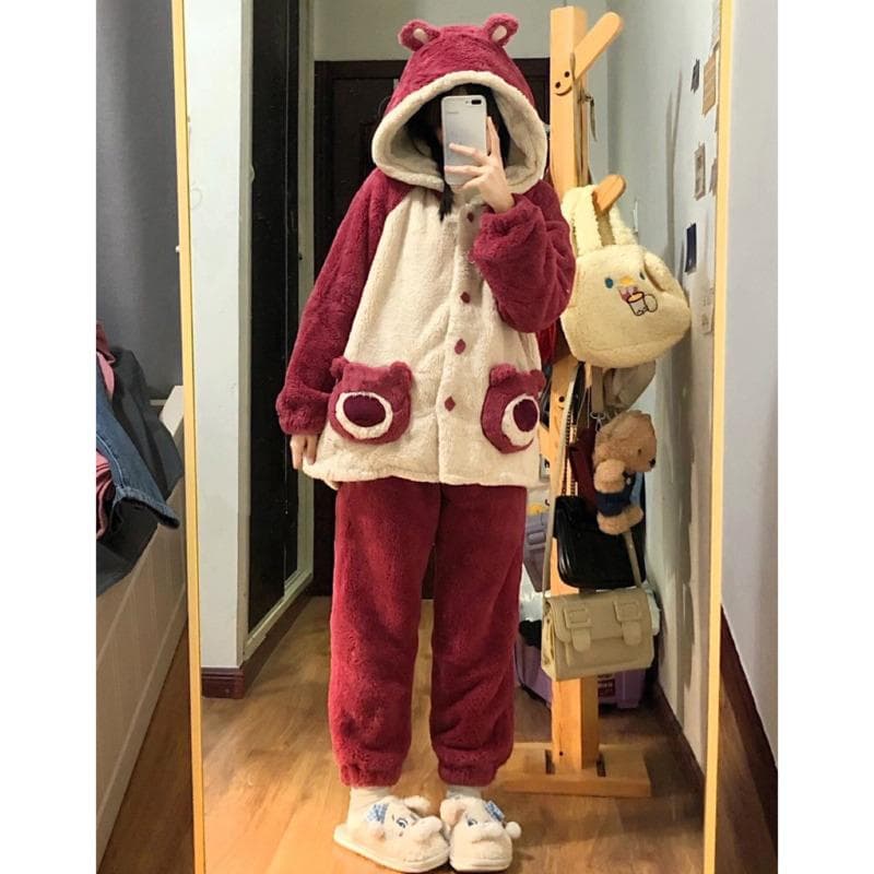 Cartoon Bear Cute Plush Lounge Wear Women's 2-Piece Set Korean Cardigan Top Long Pants Year Old Soft Plush Pajama Set 2XL