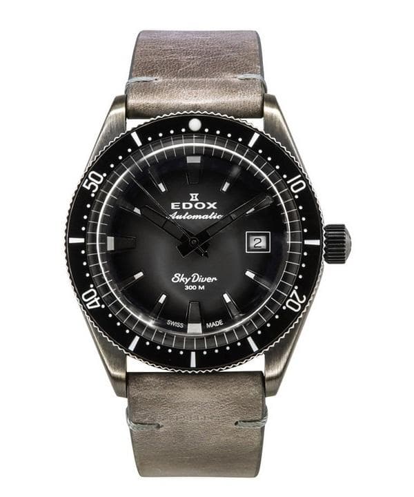 Edox Skydiver Limited Edition Leather Strap Grey Dial Automatic Diver's 80126 3VIN GDN 300M Men's Watch grey