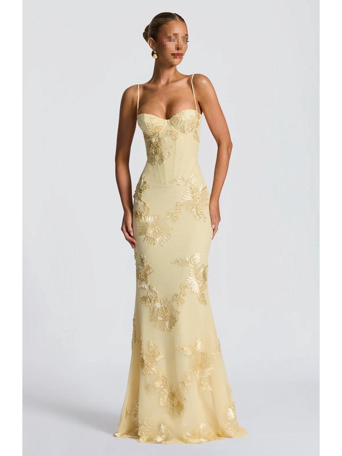 Floral Embellished Backless Evening Gown with Spaghetti Straps Extra Large lemon yellow