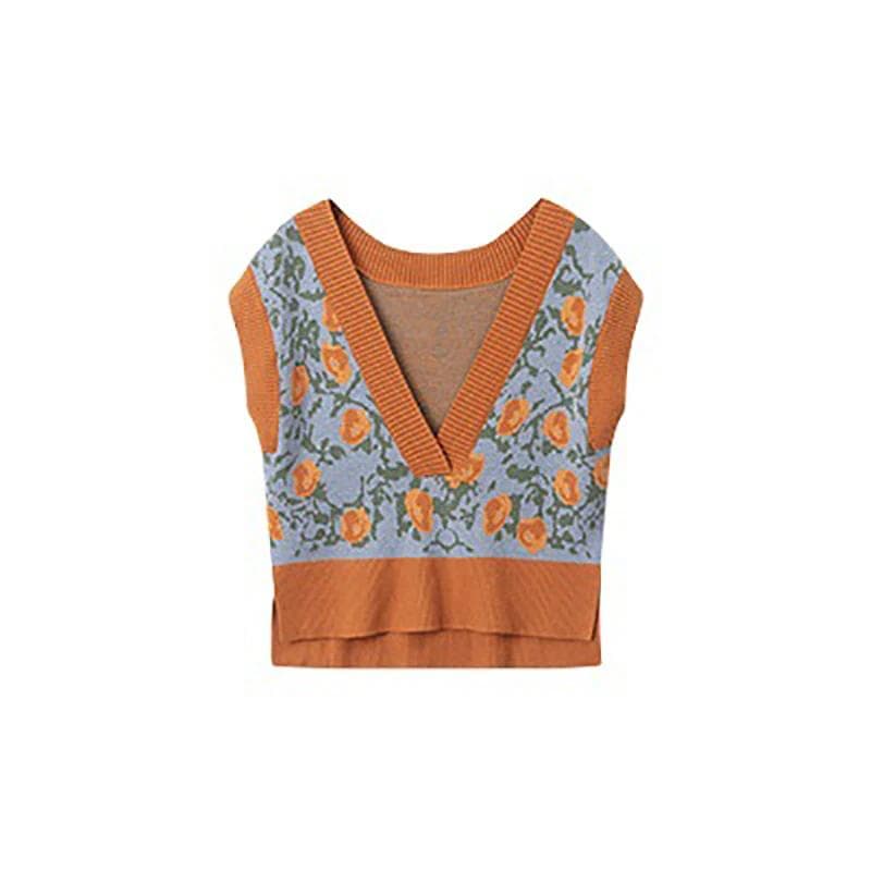 WTEMPO Female Vintage Loose Knitted Waistcoat Printed Sleeveless Loose Casual Oversized Sweater Vest XL sky blue