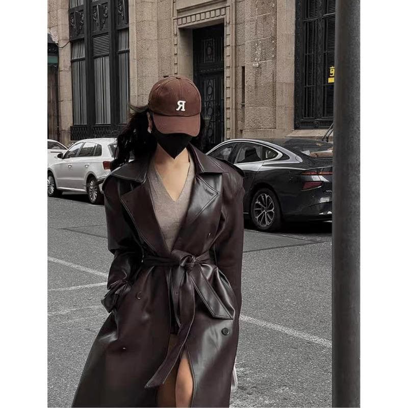 Black brown retro medium and long knee leather jacket women's new loose leather trench coat S brown