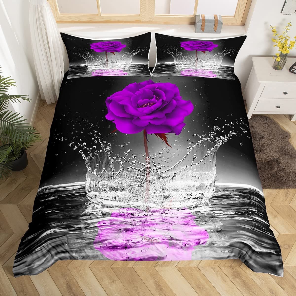 Blue Rose King Queen Bedding Set Romantic Floral Duvet Cover Abstract Water Ripples Flower Comforter Cover Polyester Quilt Cover 135x200cm 2pcs