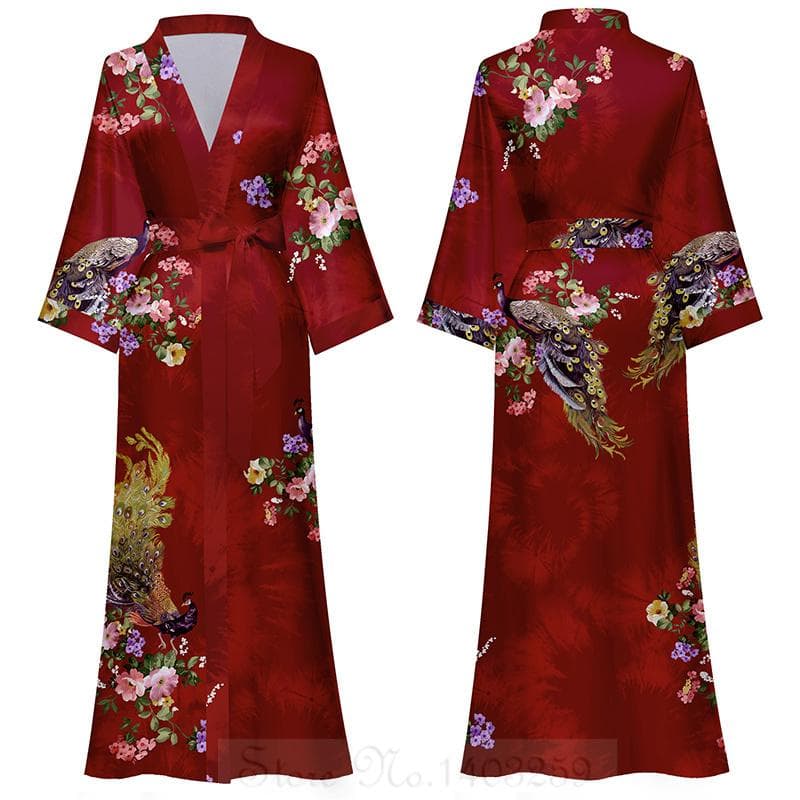 Chinese Style Print Women Long Robe Nightgown Retro Satin Sleepwear Nightdress Half Sleeve Kimono Bathrobe Gown Loose Home Wear One size