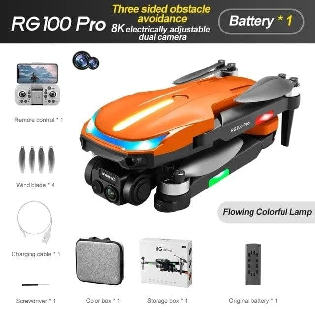 New Professional RG100Pro Drone ESC Dual Camera HD Brushless Motor Intelligent Obstacle Avoidance Aerial Photography RC Aircraft Quadcopter Toys 1 battery orange