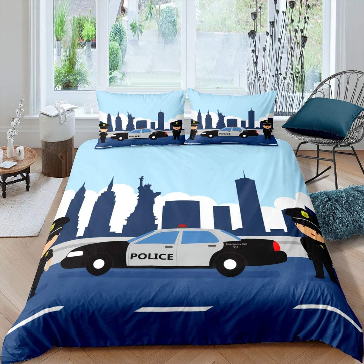 Policeman Car King Queen Duvet Cover Cartoon Black Police Car Bedding Set Boys Red Blue Cop Lights 2/3pcs Polyester Quilt Cover 70x133cm 2pcs