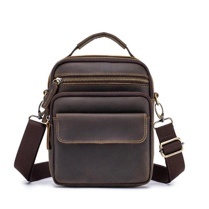 Fashion and casual first-layer cowhide men's bag, vertical style with cover head, one shoulder diagonal span bag, genuine leather messenger men's bag. coffee