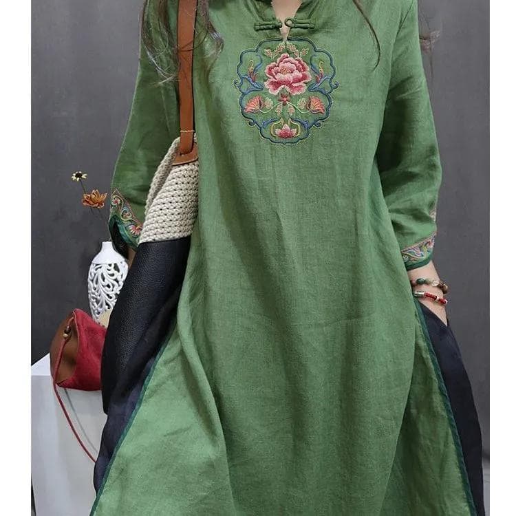 Spring and Autumn Women's Chinese Retro Embroidered Button Up Collar Shirt Skirt Dress M green