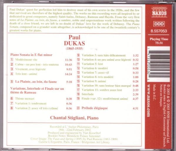 CD PAUL DUKAS / CHANTAL STIGLIANI - Complete Piano Music 8557053 Naxos 2003 Europe ObiClassical Used
