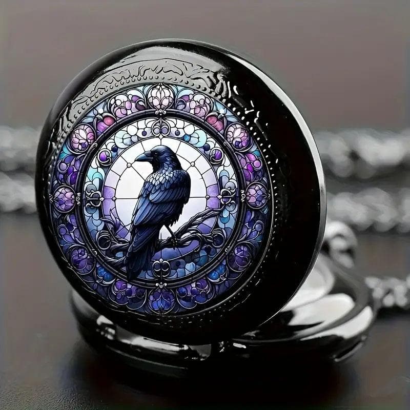 Vintage Style Crow Pocket Watch Quartz Movement Round Dial Black Necklace Souvenir Gift