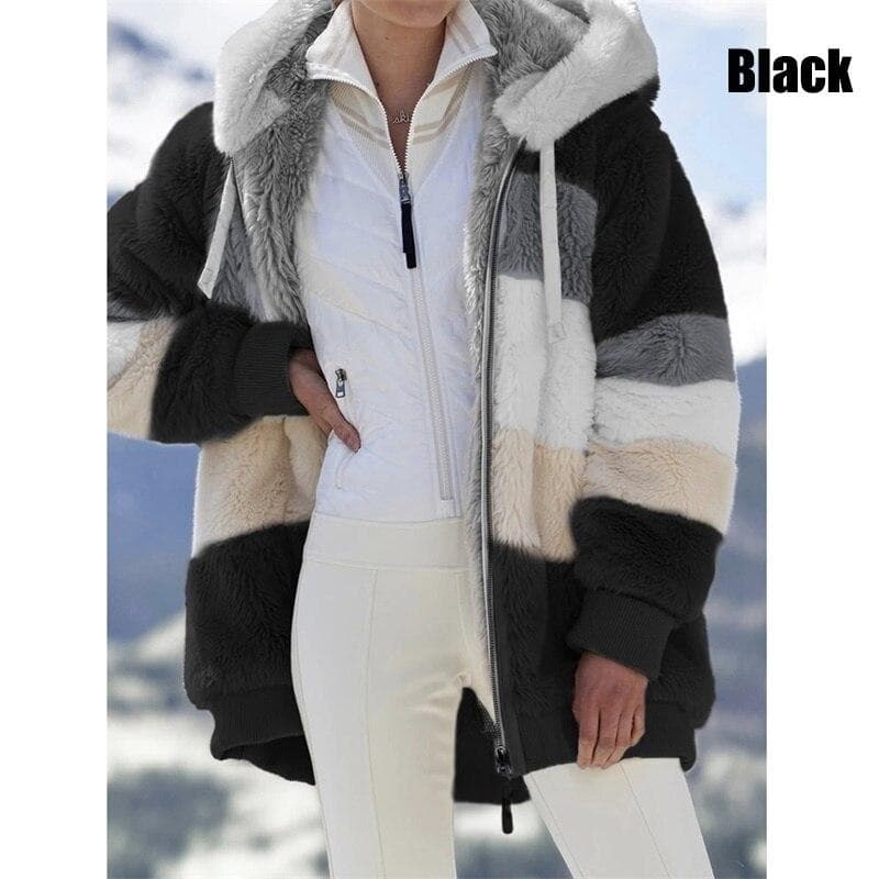 Winter Women's Fashion Hooded Warm Loose Jacket for Women Patchwork Outerwear Zipper Ladies Plus Size Sweaters L black