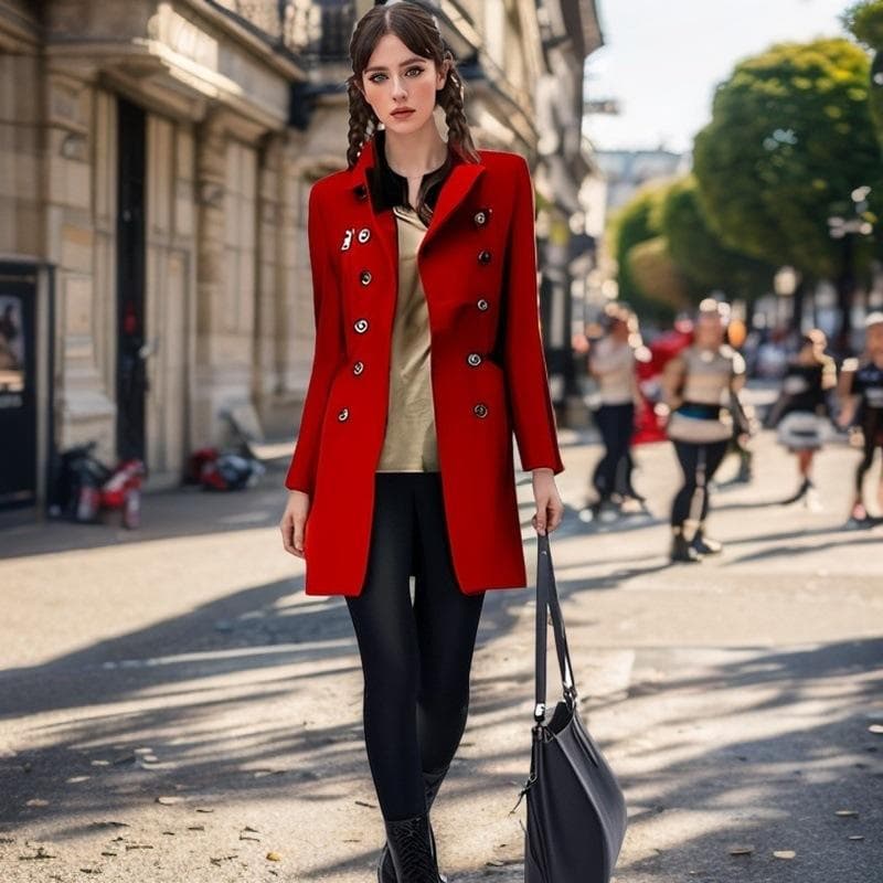 Autumn and Winter Long Woolen Zippered Coat for Women, Double Breasted and Multiple Pockets L