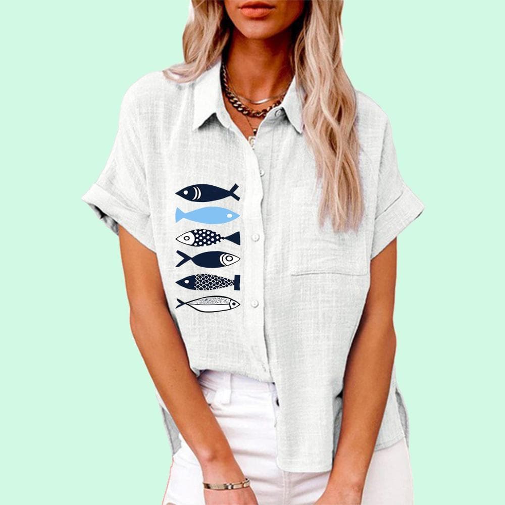 Women Fashion Fish Print Tee Shirt Casual Summer and Autumn Lapel Collar T-shirt Ladies Loose Short Sleeve Linen Blouses with Pocket L white
