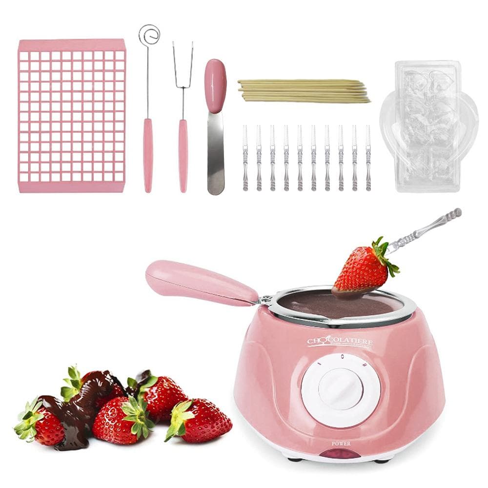 Chocolate Melting Pot Chocolate Melter Hot Chocolate Maker with Spatula Molds 10 Wooden Sticks US Plug pink