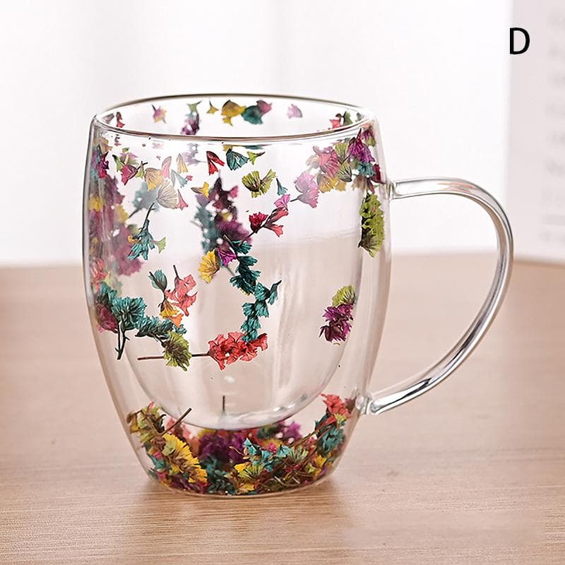 350Ml Fillings Dry Flowers Double Wall Glass Cup With Handle Heat Resistant Tea Coffee Cups Espresso Milk Mug Creative Gift