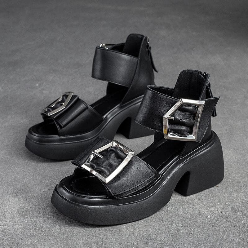 Johnature Genuine Leather Peep Toe High Heel Sandals Women Retro Comfortable Breathable Thick Sole Shoes 35 black