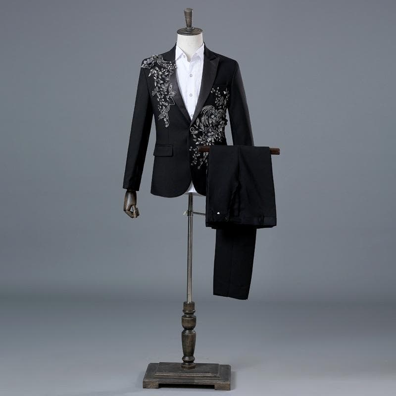 Elegant Appliqued Mens Suits Slim Fit 2 Piece Formal Tuxedo Suits Blazer Pants with Bow Tie for Wedding Prom M black