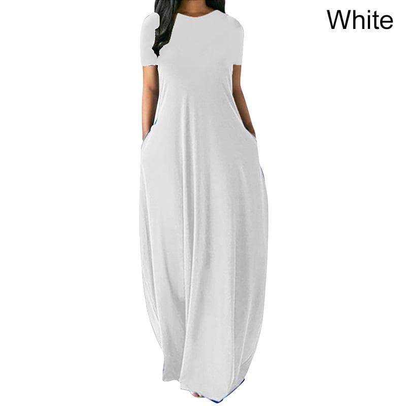 Women Casual Loose O-Neck Long Dresses Short Sleeve Summer Beach Dress Elegant Evening Party Dress M white