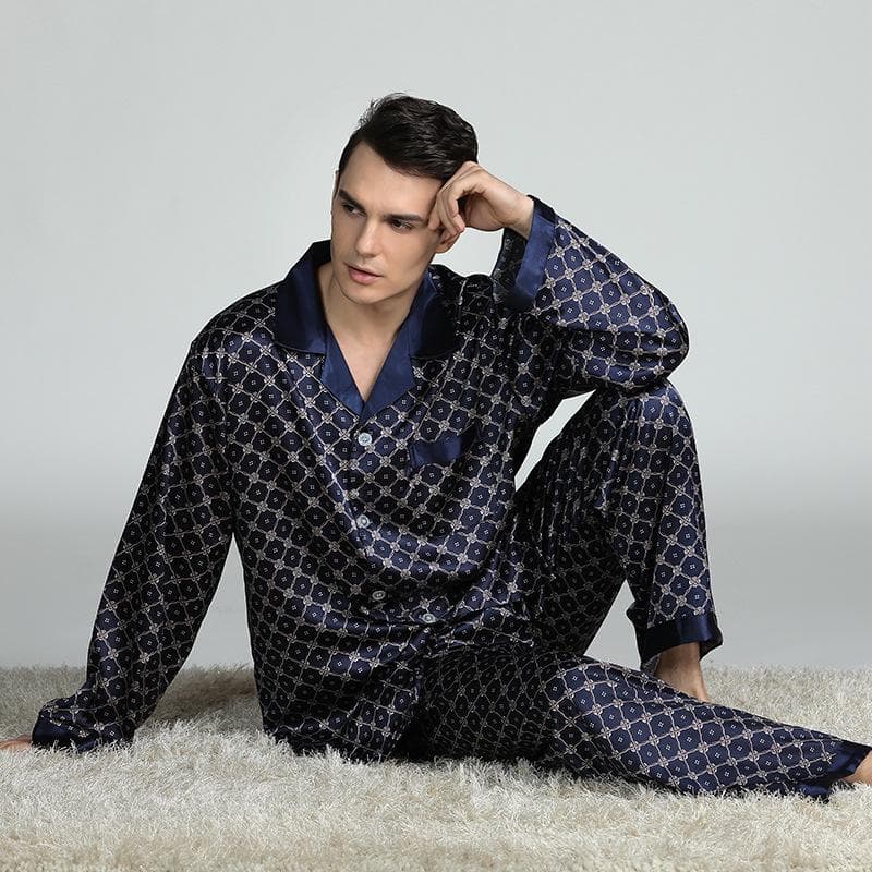2 Pcs Men Home Long Sleeve Silk Pajama SET Classic Printed Luxury Silk Pajamas Soft and Comfortable Pajamas Summer Striped Pajamas Bathrobe XXL