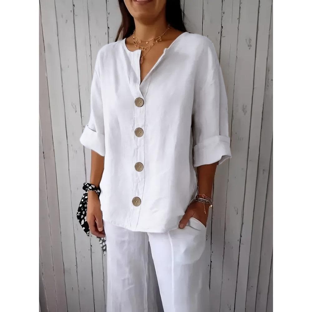 Plain Shirt for Women Women's Loose V Neck Three Quarter Sleeve T Shirt With Buttoned Classic Solid Color Commuting Tops L white