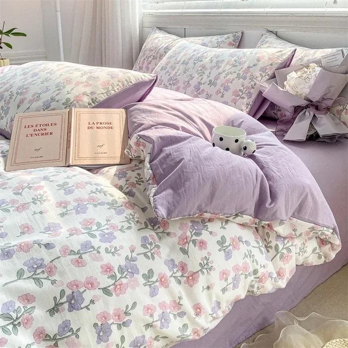 Purple Floral Lavender Duvet Cover Set 3 Pieces Botanical Wildflower Bedding Set Soft Reversible Comforter Cover with Pillowcase Single 150x200cm
