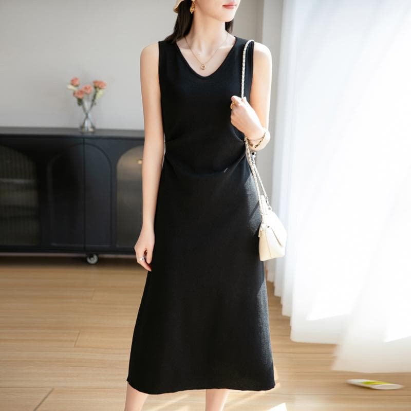 Summer New Style Imitation Silk Satin Sweater Suspender Dress for Women's Beads Ice Silk Vest Long Skirt Loose Medium Length L