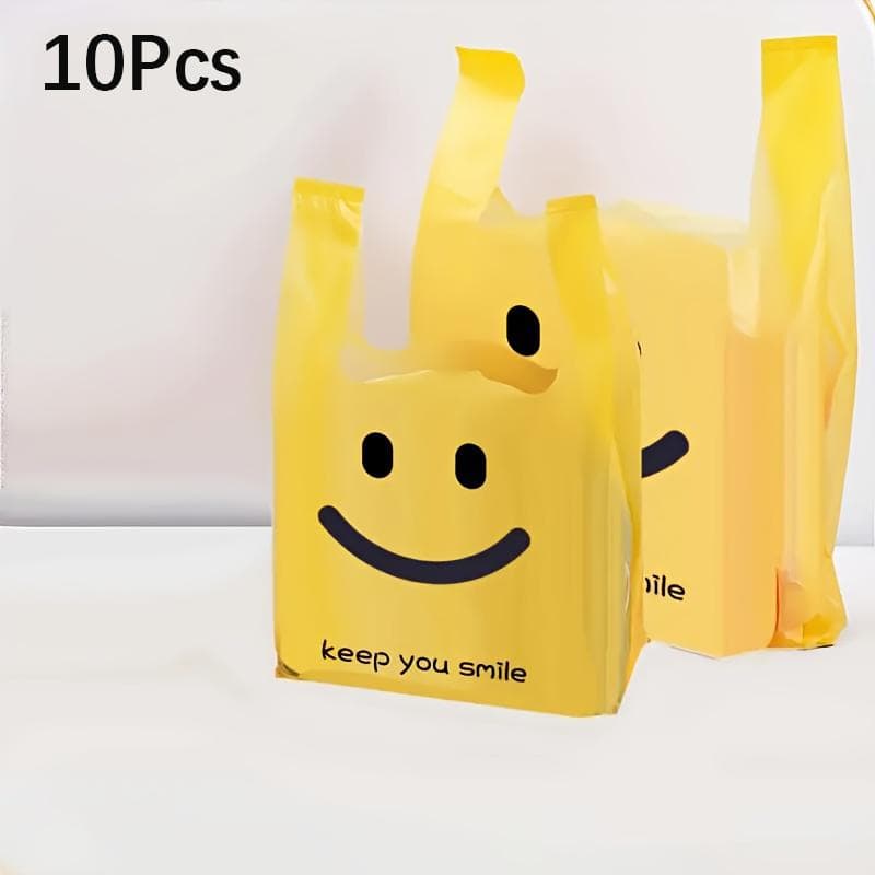 Yellow Happy Face Shopping Bags Durable Plastic Tote Bags with Minimalist Design Ideal for Corporate, Event and Fashion Retail Packaging Gift Bags 32*20cm 10Pcs