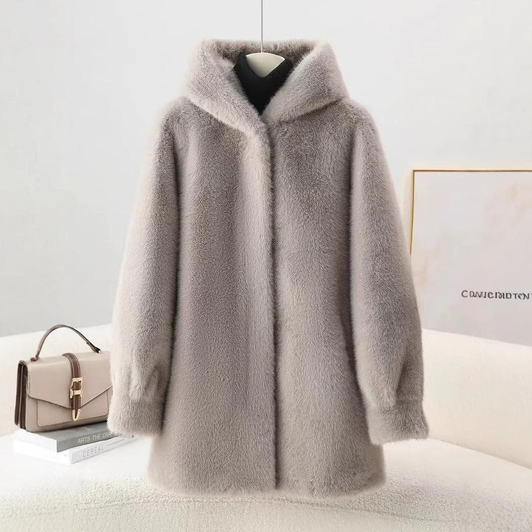 Fur One-piece Fur Coat for Women Imitation Mink Hooded Young Mid-length Coat S grey
