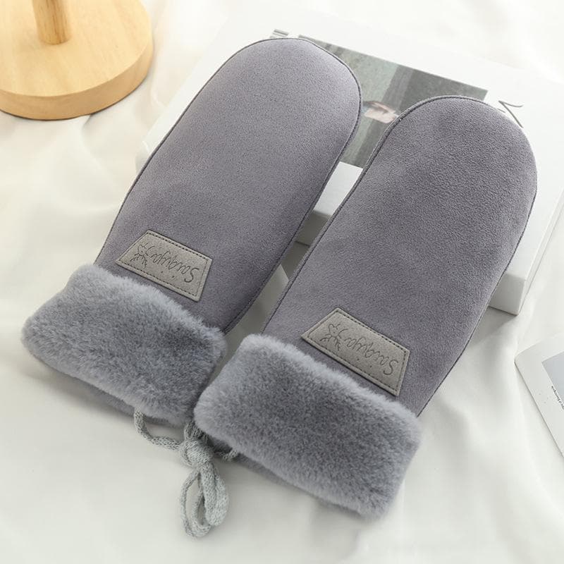 Winter Women Keep Warm Thickened Fleece Suede Halter Gloves Cute Lovely Sweety Cold Protection Mittens grey