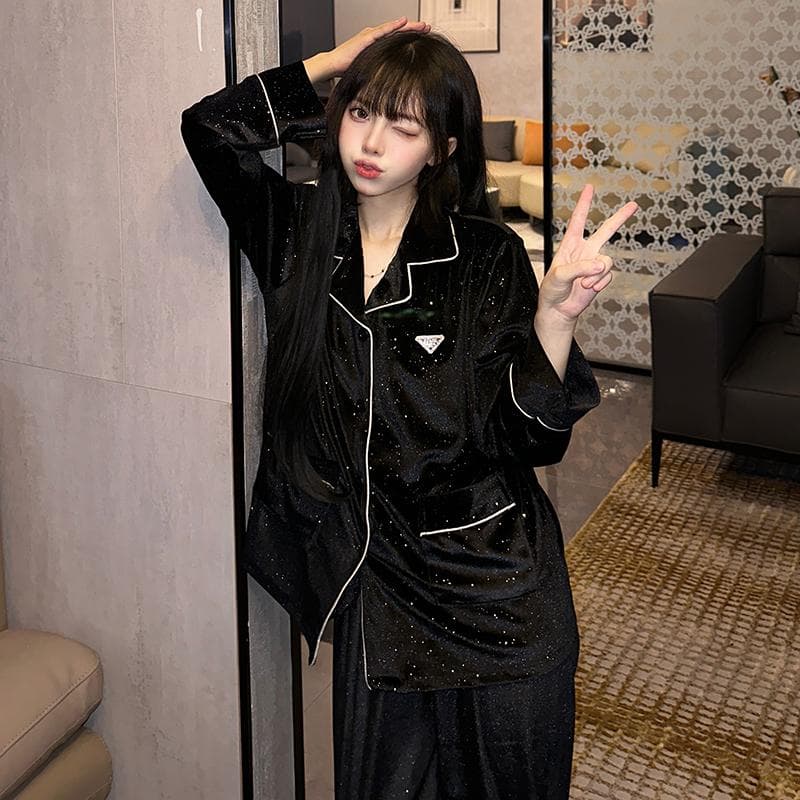 Autumn New Women's Sets Lapel Cardigan Outfits for Women 2 Piece Set Black Women's Pajamas M black