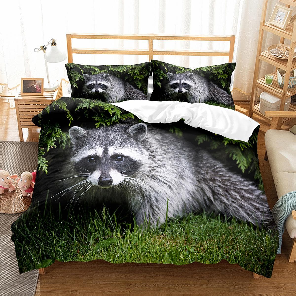 Raccoon Duvet Cover Set Cute Wild Animals Polyester Comforter Cover King Queen Size For Kid Boy Girl Bedding Set With Pillowcase EU Double(200x200cm)