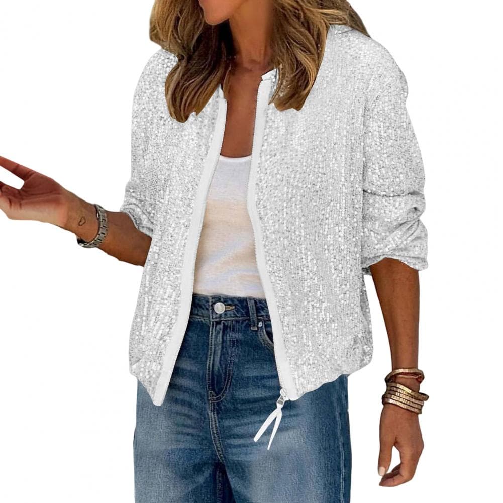 Lady Coat Glittering Sequin Round Neck Zipper Closure Long Sleeves Cardigan Short Type Loose Club Performance Stage Party Jacket M white