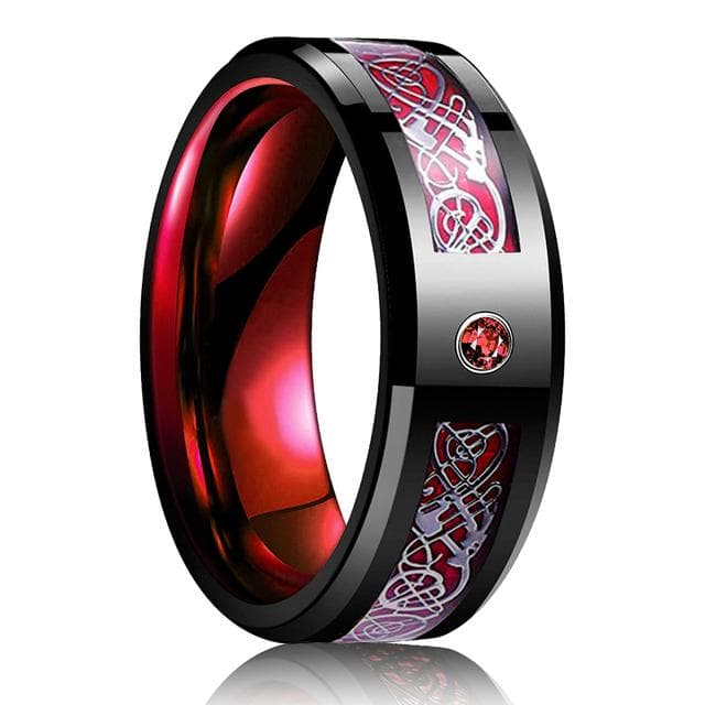 Fashion 8mm Men Red Groove Beveled Edge Stainless Steel Celtic Dragon Ring Zircon Inlay Red Carbon Fibre Ring Men Wedding Band 13 red