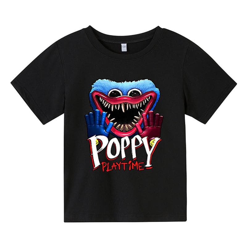 Summner Huggy Wuggy Kids Fashion Round Neck Short Sleeve Streetwear Korean Cartoon Boy Girl Games Kids3-12Y 140 black