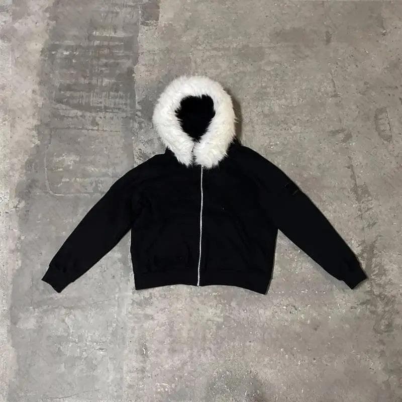 Y2K Zip up hoodie Faux Fur Collar Harajuku Rock Goth Top Retro Punk Loose Jacket Hip Hop Streetwear Zipper Hoodie Sweatshirt XXL white/black
