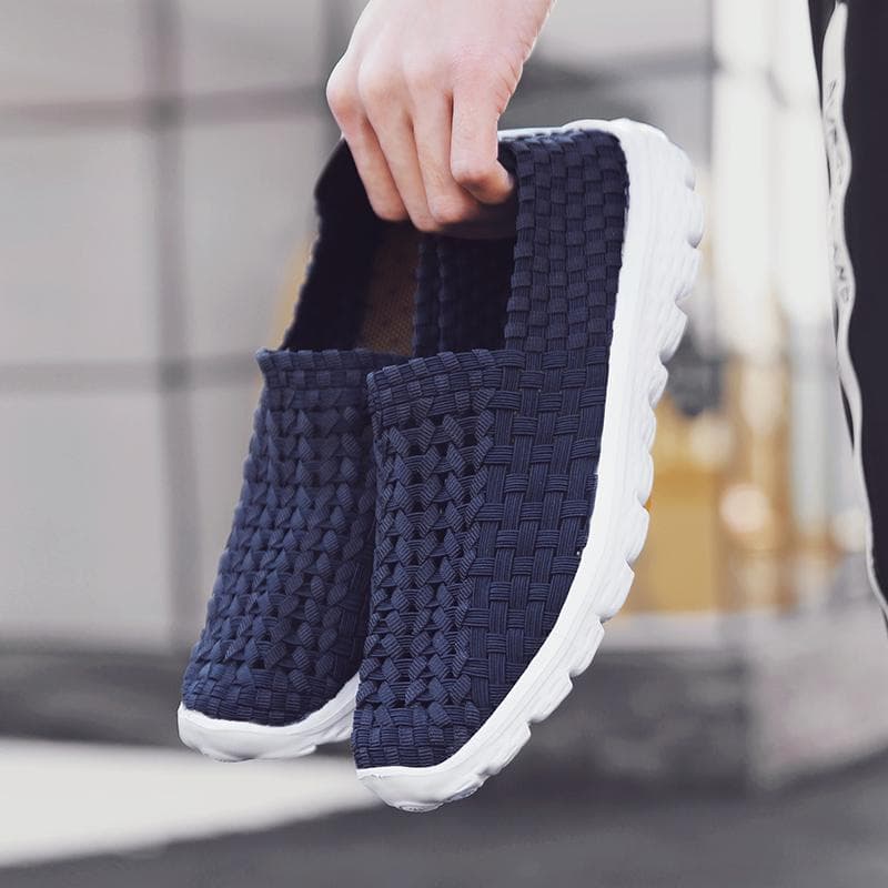 Summer Men Sneakers Black Braid Beach Soft Light Weight Sports Shoes Casual Weave Breathable Pierced Slip on Flats Tennis Sneakers 41 blue