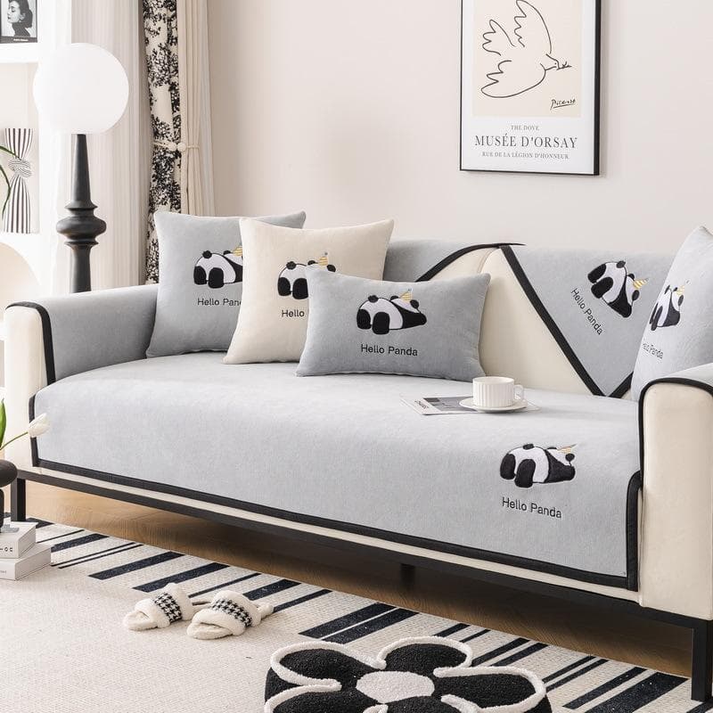 Soft Chenille Solid Color Couch Cover for Living Room Luxury Panda Embroidery Sofa Cover Modern Universal Non-slip Sofa Towel 70x70cm 1pcs