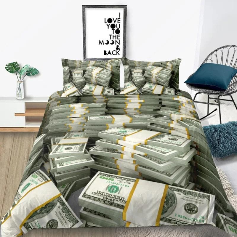 3D Modern Bedding Set Dollar Motif Printed Duvet Cover Vivid Comforter Cover 2/3 Pieces Money Maths Pattern Funny Soft Bed Set 135X200cm-2pcs