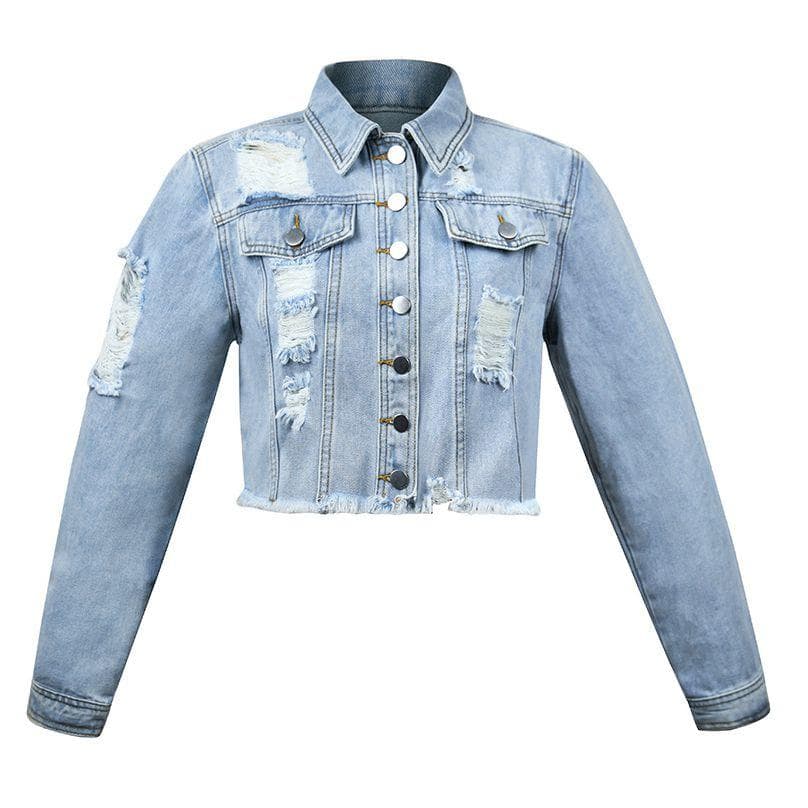 Woman Long Sleeve Ripped Short Denim Jacket Fashion Hipster Jeans Coat Street Casual Female Clothing S-XL S blue