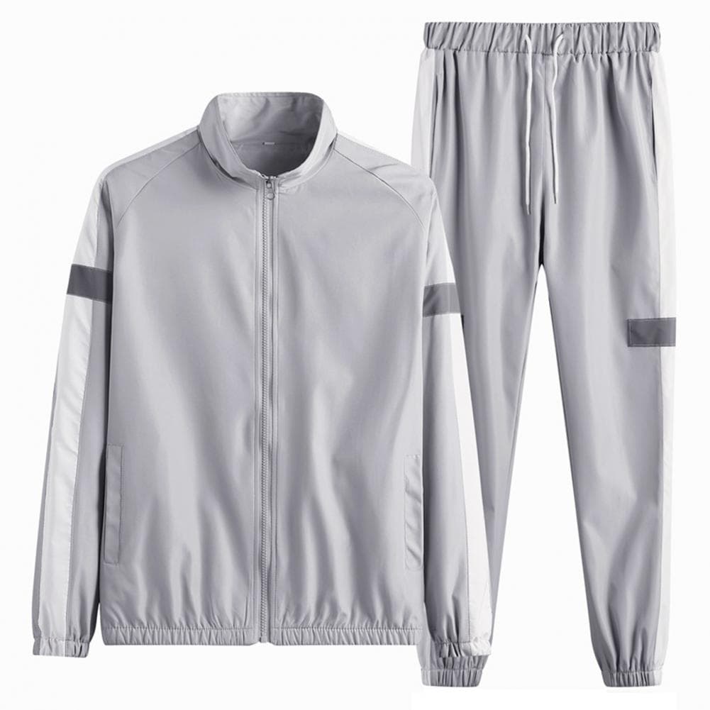 2Pcs/Set Men Sportswear Set Patchwork Color Stand Collar Long Sleeve Zipper Placket Jacket Elastic Waistband Drawstring Sweatpan M light grey
