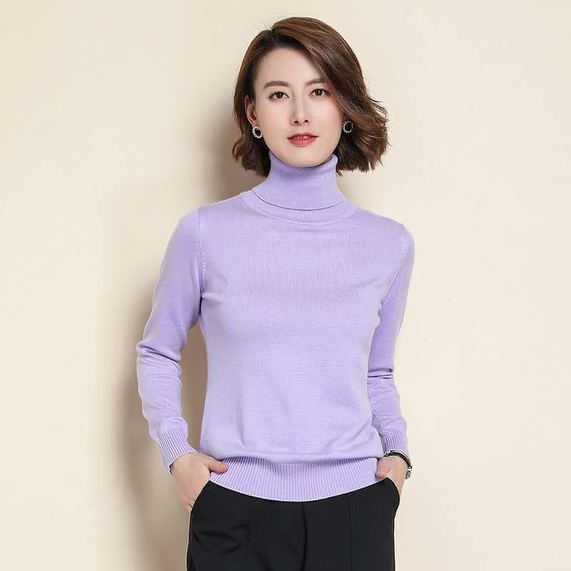 Wool Pure Cashmere Sweater Women's Knitted Turtleneck Cashmere Pullover Elasticity Pull High Neck Knitting Sweaters XL light purple