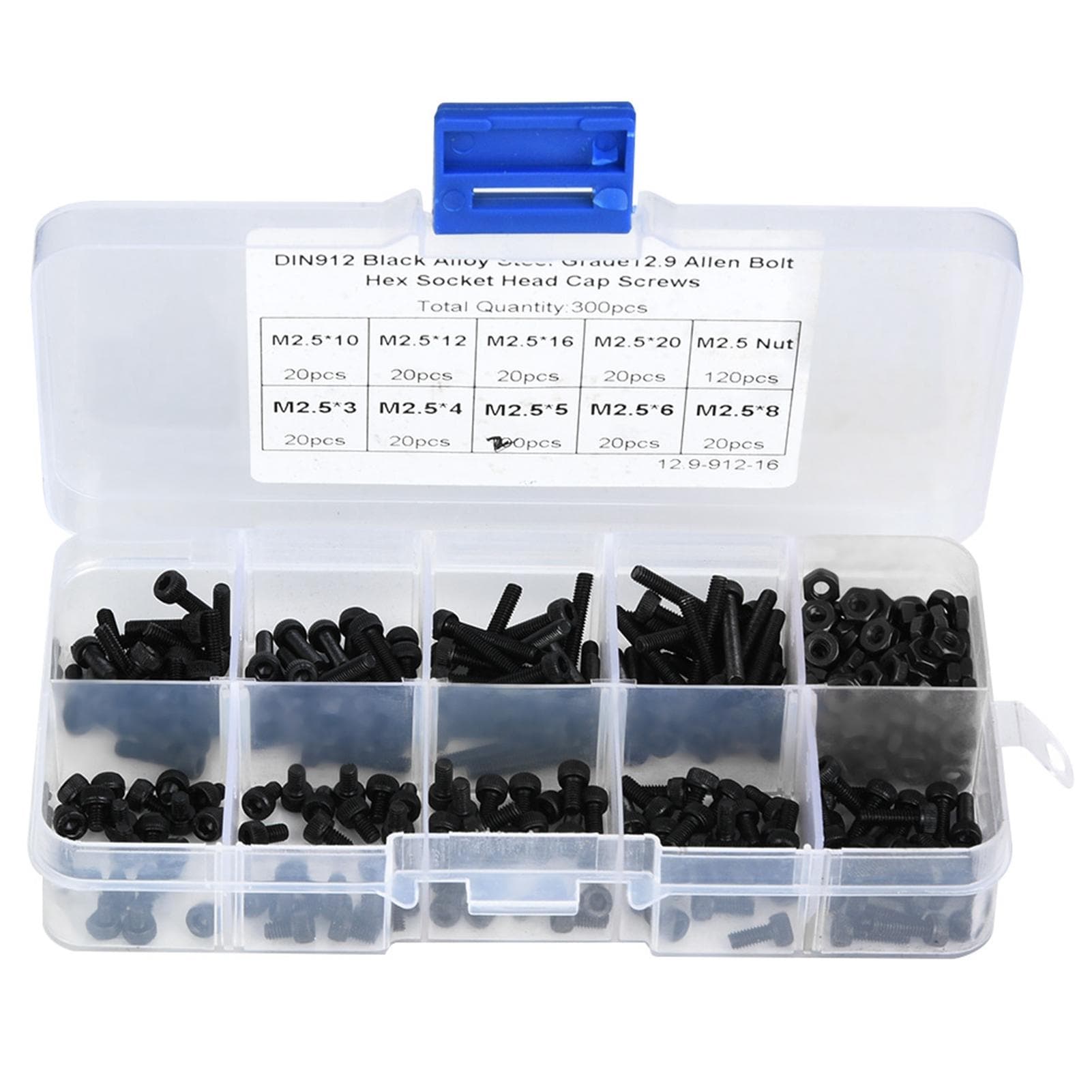 300pcs M2.5 x 320mm 12.9 Grade Black Alloy Steel Hex Socket Head Cap Screw Bolt with Nut